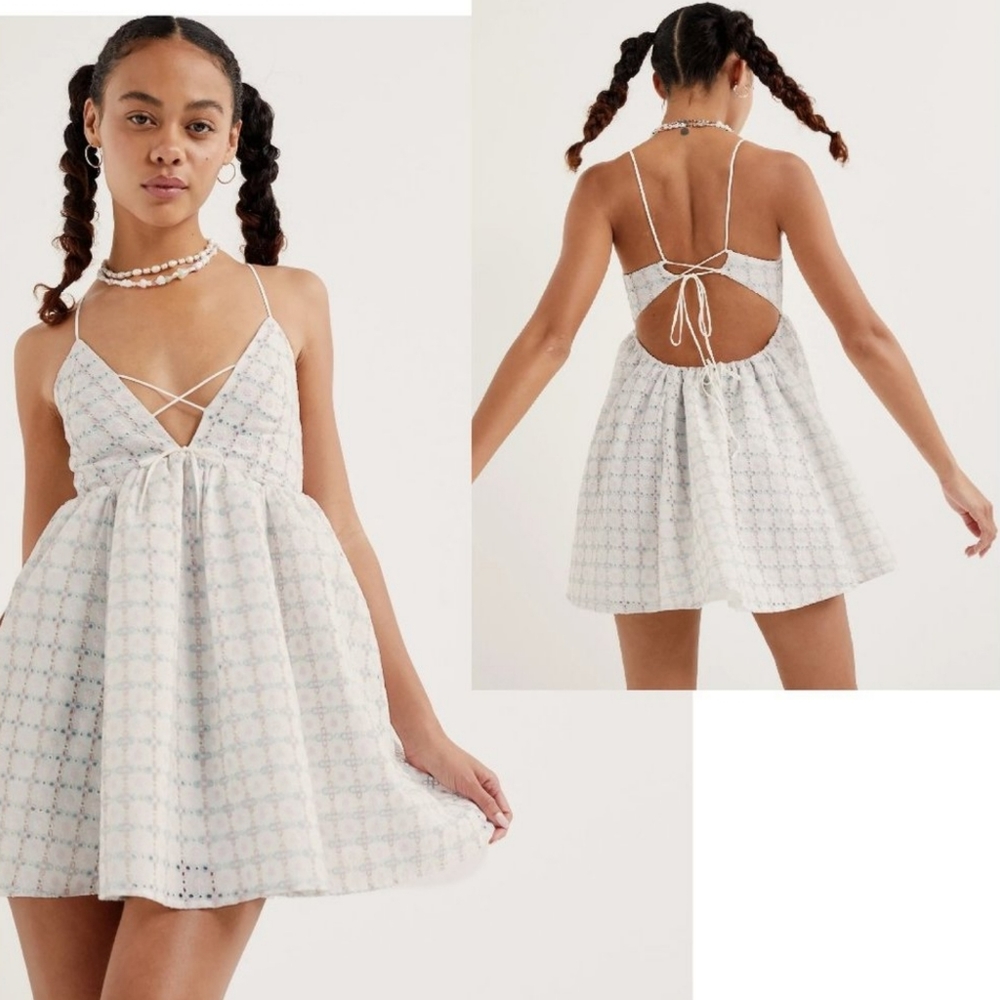 Open-Back Eyelet Mini Dress in White